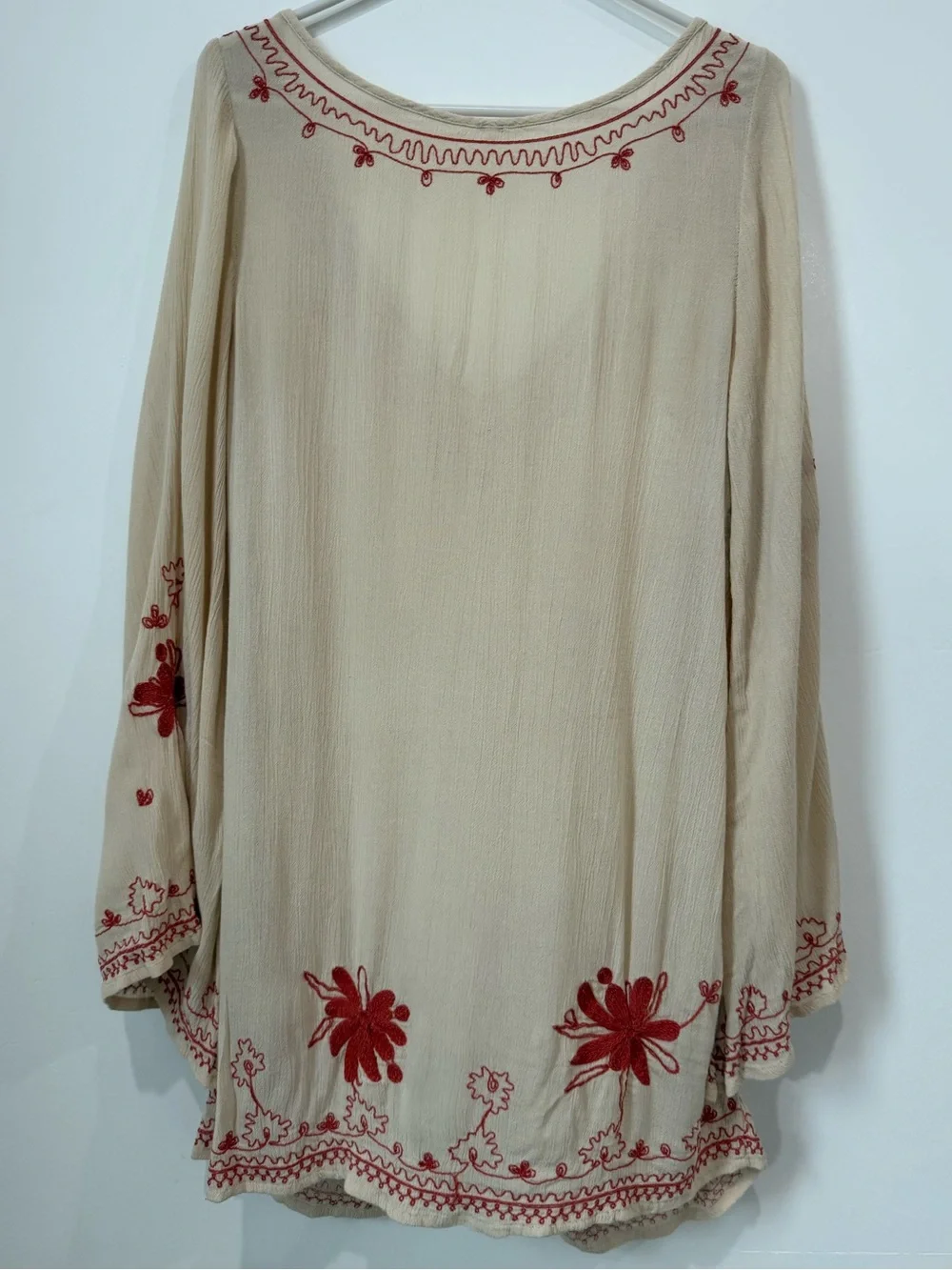 Free People Cream Swim Coverup Tunic with Coral Embroidery